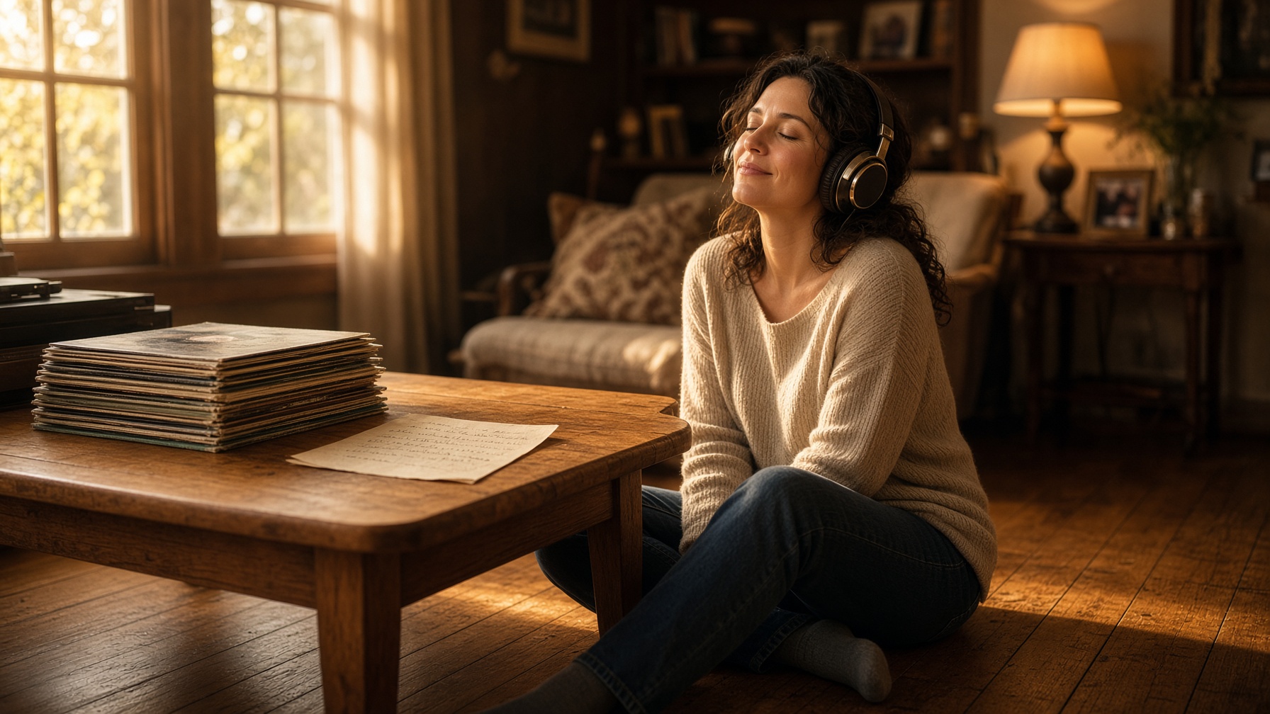 A woman listening on headphones in late-afternoon light