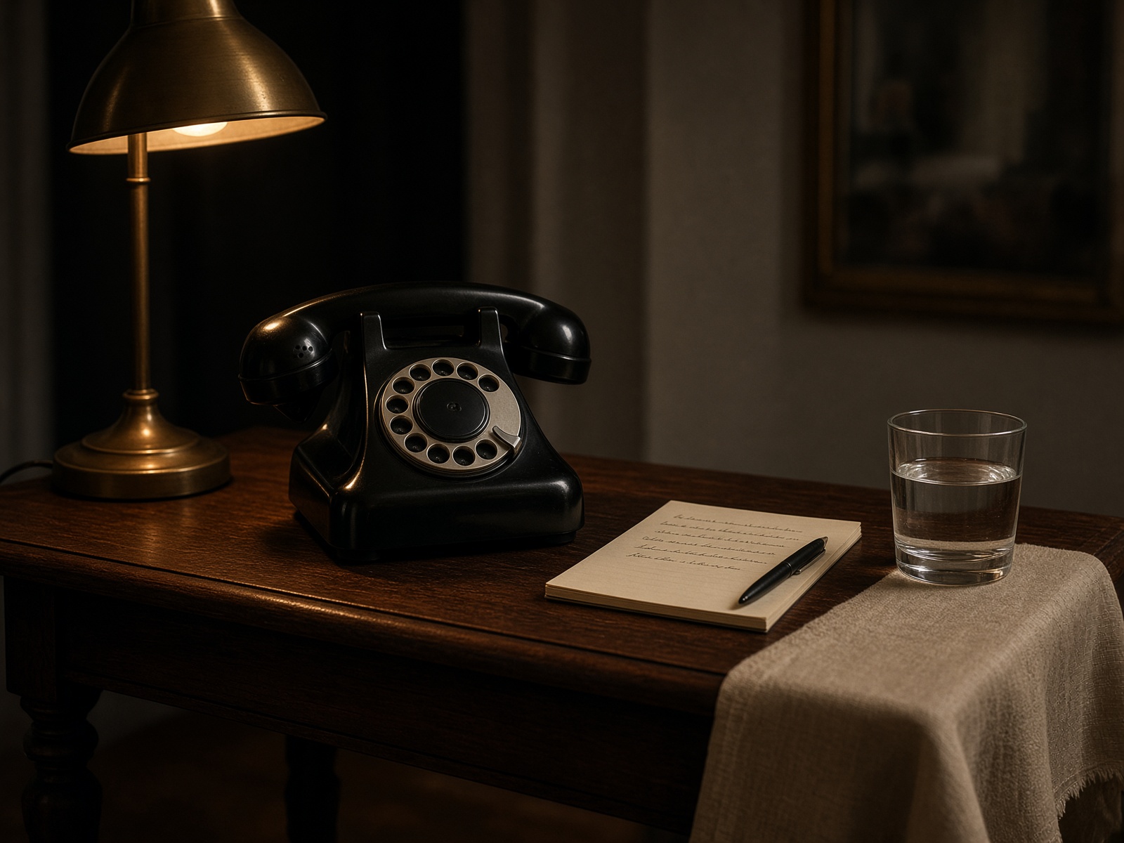A rotary telephone on a walnut table at night